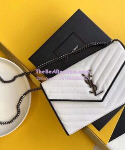 Replica YSL Saint Laurent Monogram Chain Wallet Grain De Poudre White in Black Hardware