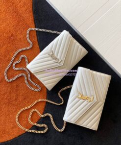 Replica YSL Saint Laurent Monogram Chain Wallet Grain De Poudre White in Silver Hardware