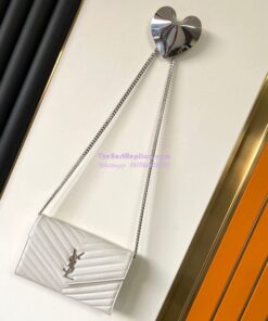 Replica YSL Saint Laurent Monogram Chain Wallet Grain De Poudre White in Silver Hardware 2