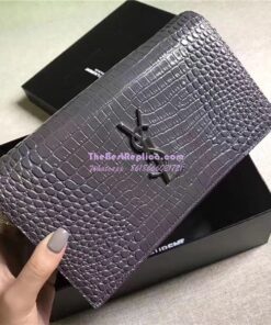 Replica YSL Monogram Saint Laurent Chain Wallet In Grey Crocodile Embossed Shiny Leather 442015 2