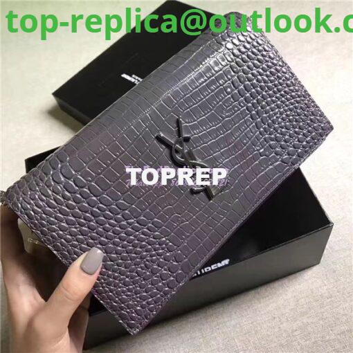 Replica YSL Monogram Saint Laurent Chain Wallet In Grey Crocodile Embossed Shiny Leather 442015 2