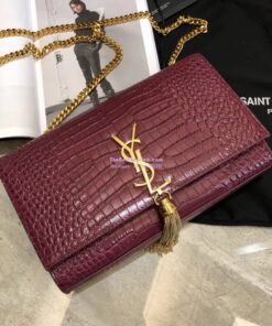 Replica YSL Classic Medium Kate Monogram Saint Laurent Tassel Satchel In Dark Red Crocodile Embossed Shiny Leather 354119 in gold hardware