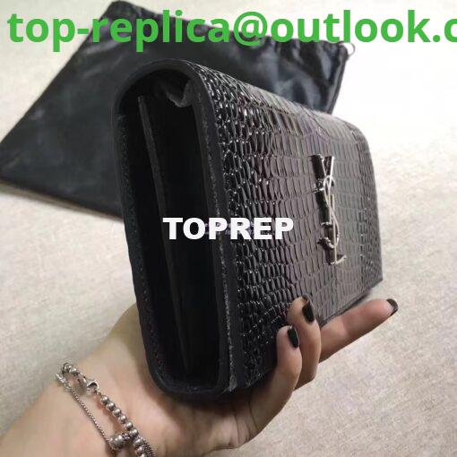 Replica YSL Monogram Saint Laurent Chain Wallet In Black Crocodile Embossed Shiny Leather 442015 2