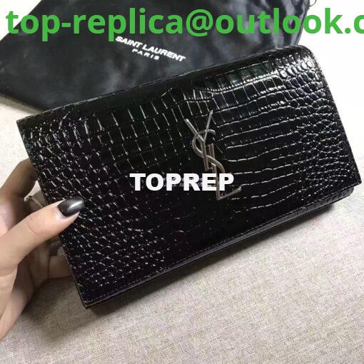 Replica YSL Monogram Saint Laurent Chain Wallet In Black Crocodile Embossed Shiny Leather 442015 5