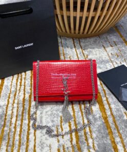 Replica YSL Classic Medium Kate Monogram Saint Laurent Tassel Satchel In Red Crocodile Embossed Shiny Leather 354119