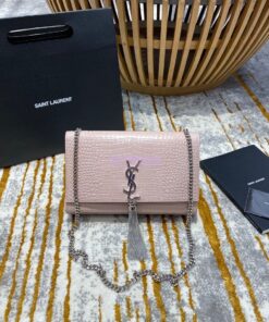 Replica YSL Classic Medium Kate Monogram Saint Laurent Tassel Satchel In Pink Crocodile Embossed Shiny Leather 354119