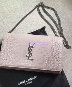 Replica YSL Monogram Saint Laurent Chain Wallet In Antique Rose Crocodile Embossed Shiny Leather 442015