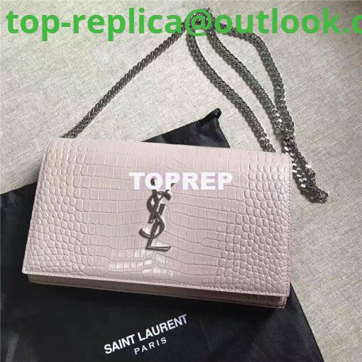 Replica YSL Monogram Saint Laurent Chain Wallet In Antique Rose Crocodile Embossed Shiny Leather 442015
