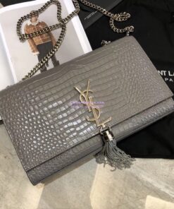 Replica YSL Classic Medium Kate Monogram Saint Laurent Tassel Satchel In Grey Crocodile Embossed Shiny Leather 354119 2