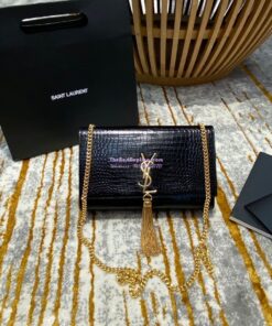 Replica YSL Classic Medium Kate Monogram Saint Laurent Tassel Satchel In Black Crocodile Embossed Shiny Leather 354119