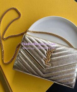 Replica YSL Saint Laurent Monogram Chain Wallet Grained Matelasse etallic Leather Pale Gold 2