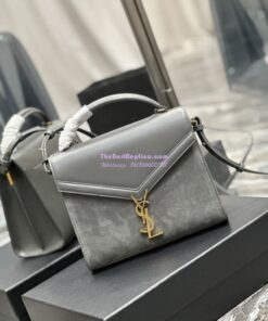 Replica YSL Saint Laurent Cassandra Medium Top Handle In Box Leather And Suede 578000 Storm Grey 2