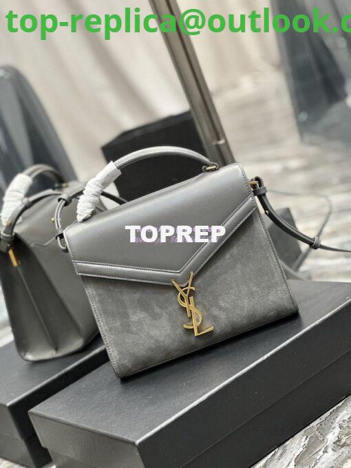 Replica YSL Saint Laurent Cassandra Medium Top Handle In Box Leather And Suede 578000 Storm Grey 2