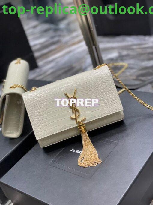 Replica YSL Saint Laurent Kate Chain Wallet With Tassel In Crocodile-embossed Shiny Leather 452159 Blanc Gold Hardware 2