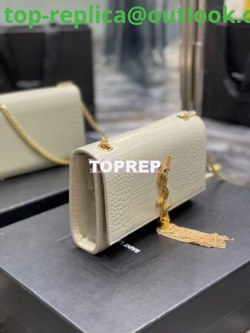 Replica YSL Saint Laurent Kate Chain Wallet With Tassel In Crocodile-embossed Shiny Leather 452159 Blanc Gold Hardware 4