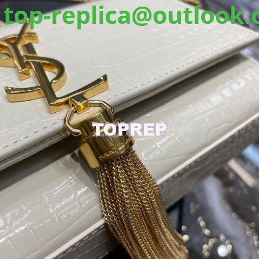 Replica YSL Saint Laurent Kate Chain Wallet With Tassel In Crocodile-embossed Shiny Leather 452159 Blanc Gold Hardware 10