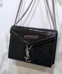 Replica YSL Saint Laurent Cassandra Monogram Clasp Bag In Crocodile Embossed Shiny Leather Black