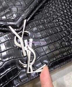 Replica YSL Saint Laurent Cassandra Monogram Clasp Bag In Crocodile Embossed Shiny Leather Black 2