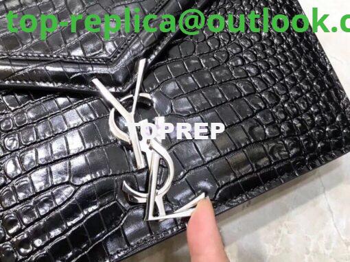 Replica YSL Saint Laurent Cassandra Monogram Clasp Bag In Crocodile Embossed Shiny Leather Black 2