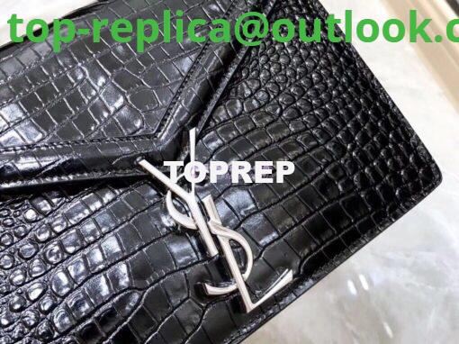 Replica YSL Saint Laurent Cassandra Monogram Clasp Bag In Crocodile Embossed Shiny Leather Black 5