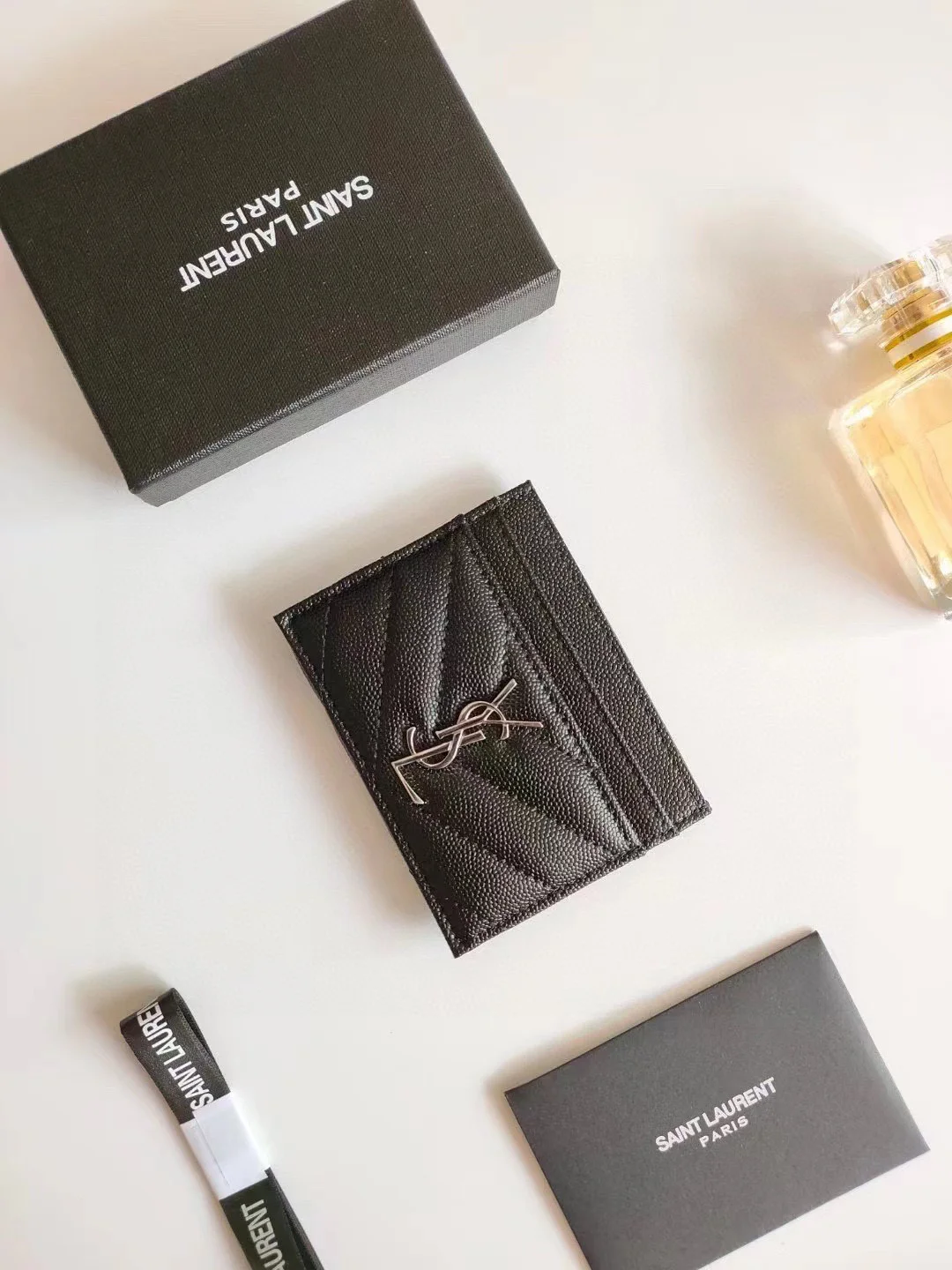 Replica YSL Cassandre MatelassÉ Card Holder Case In Grain De Poudre Embossed Leather Black 1 2