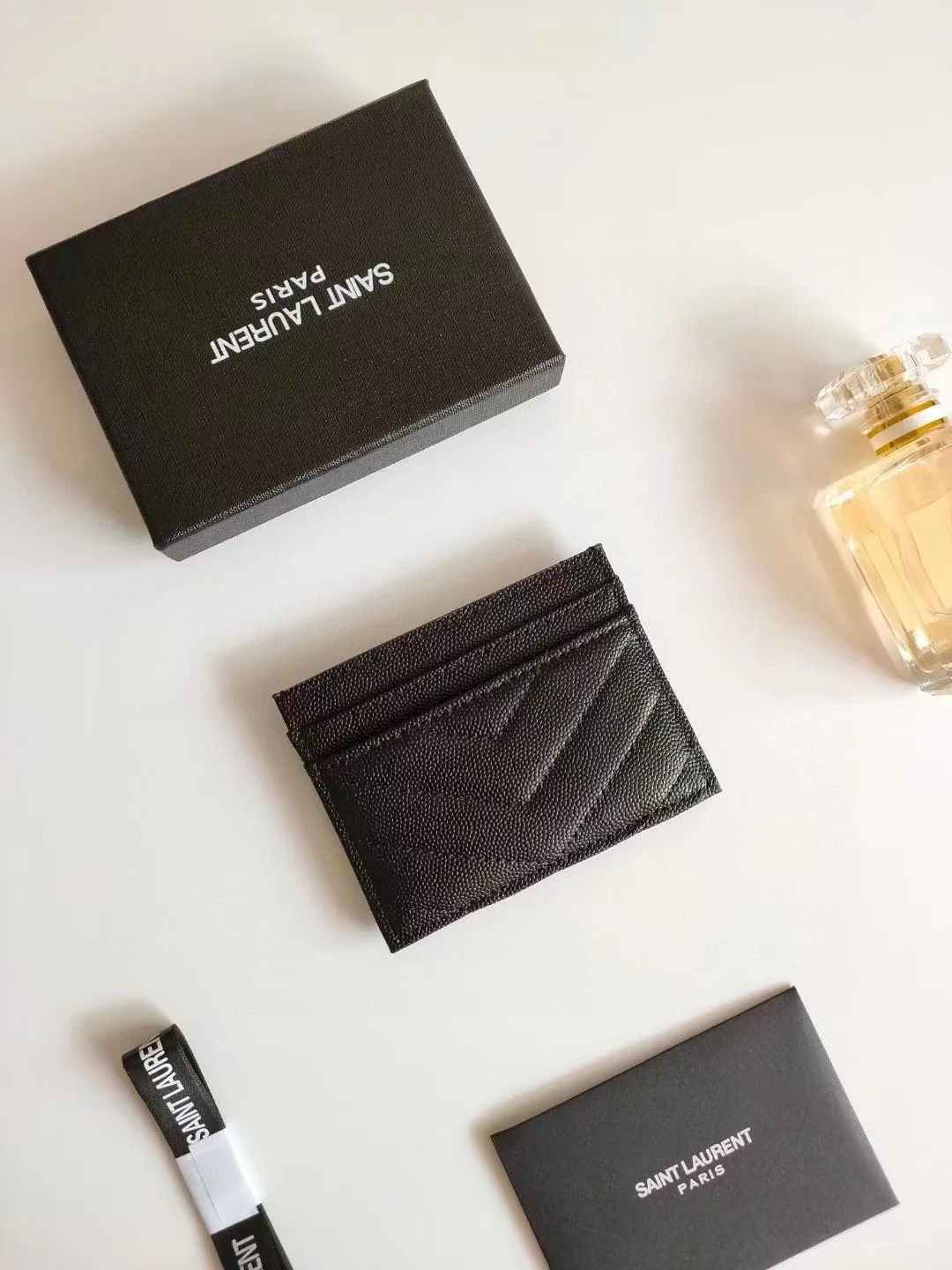 Replica YSL Cassandre MatelassÉ Card Holder Case In Grain De Poudre Embossed Leather Black 1 3