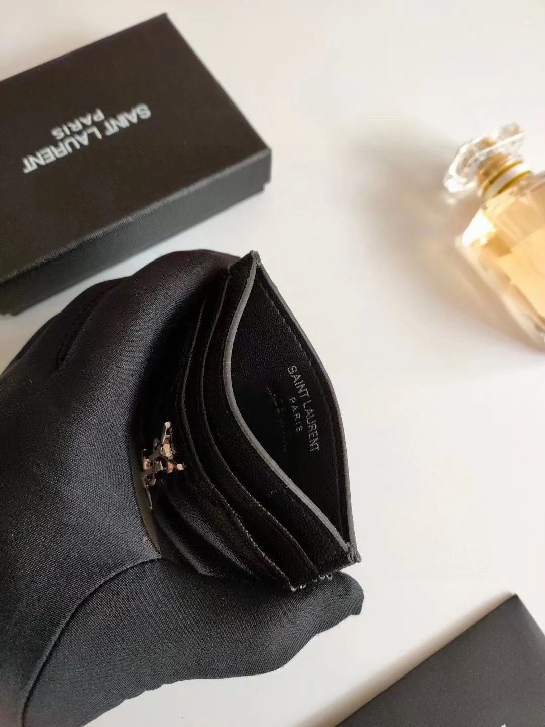 Replica YSL Cassandre MatelassÉ Card Holder Case In Grain De Poudre Embossed Leather Black 1 5