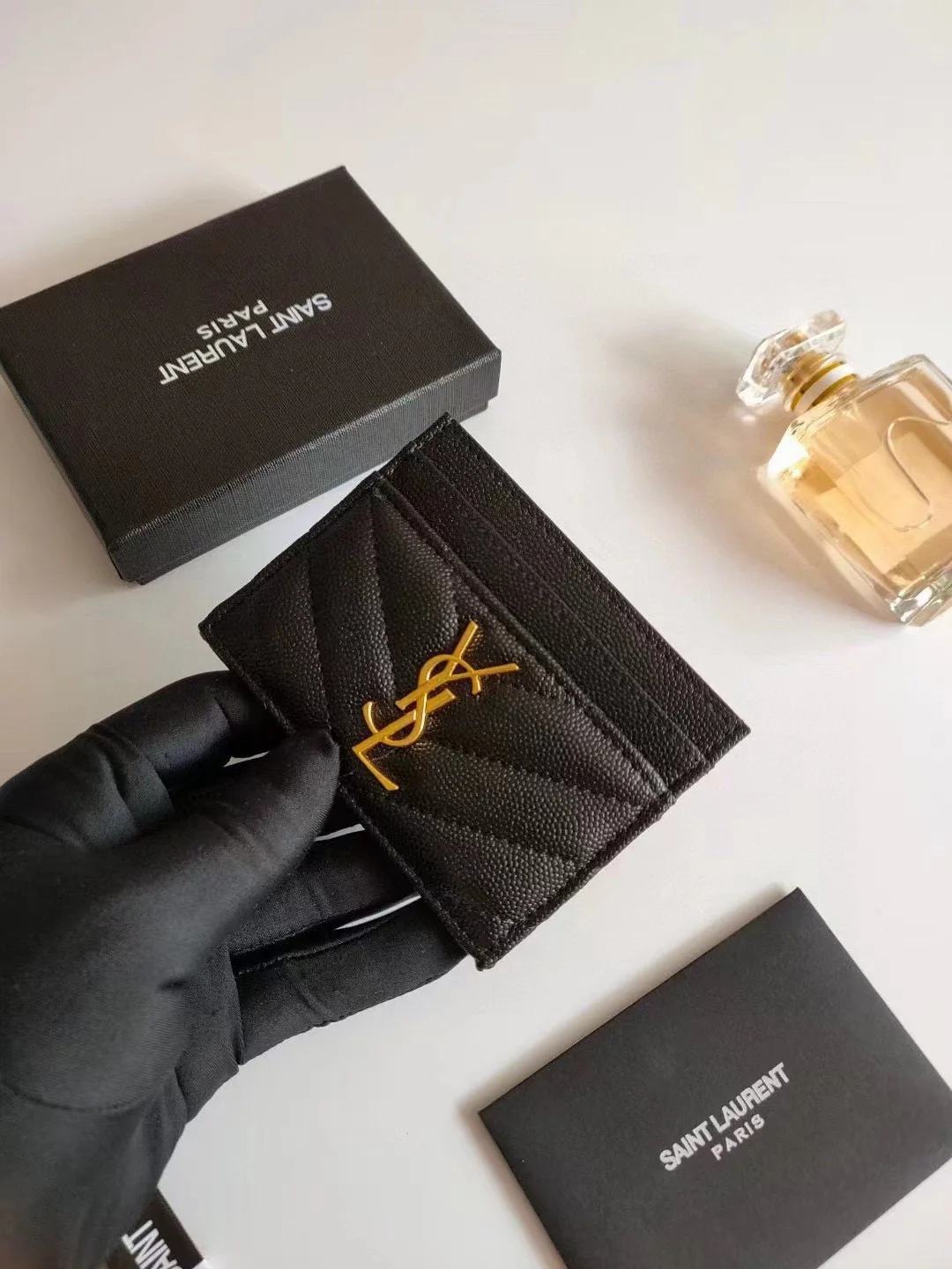 Replica YSL Cassandre MatelassÉ Card Holder Case In Grain De Poudre Embossed Leather Black 3