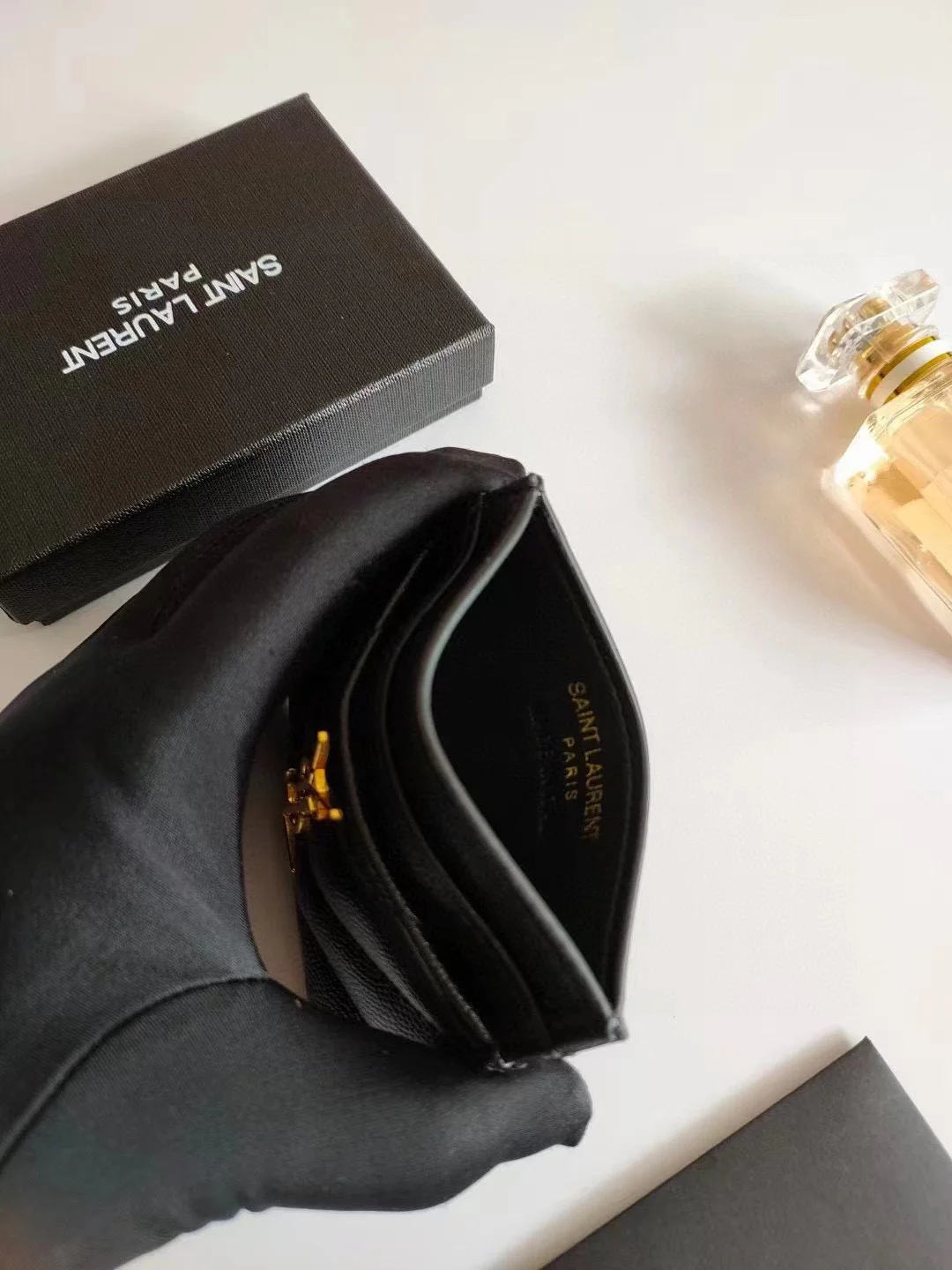 Replica YSL Cassandre MatelassÉ Card Holder Case In Grain De Poudre Embossed Leather Black 4