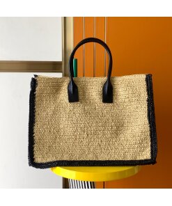 Replica Saint Laurent Rive Gauche Tote Bag in Beige Raffia and Leather