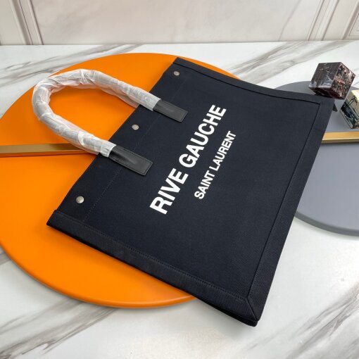 Replica Saint Laurent Rive Gauche Tote Bag in Black Linen and Leather