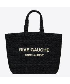 Replica Saint Laurent Rive Gauche Tote Bag in Black Raffia Crochet