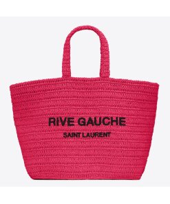 Replica Saint Laurent Rive Gauche Tote Bag in Neon Pink Raffia Crochet