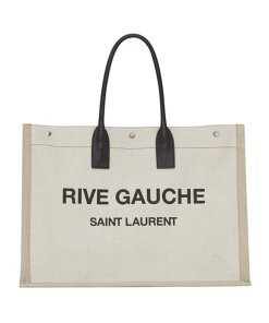 Replica Saint Laurent Rive Gauche Tote Bag in White Linen and Black Leather