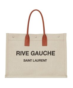 Replica Saint Laurent Rive Gauche Tote Bag in White Linen and Brown Leather